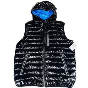 NWT Noize Men's Medium Hooded‎ Puffer Vest Black High Shine Gloss Blue Lining